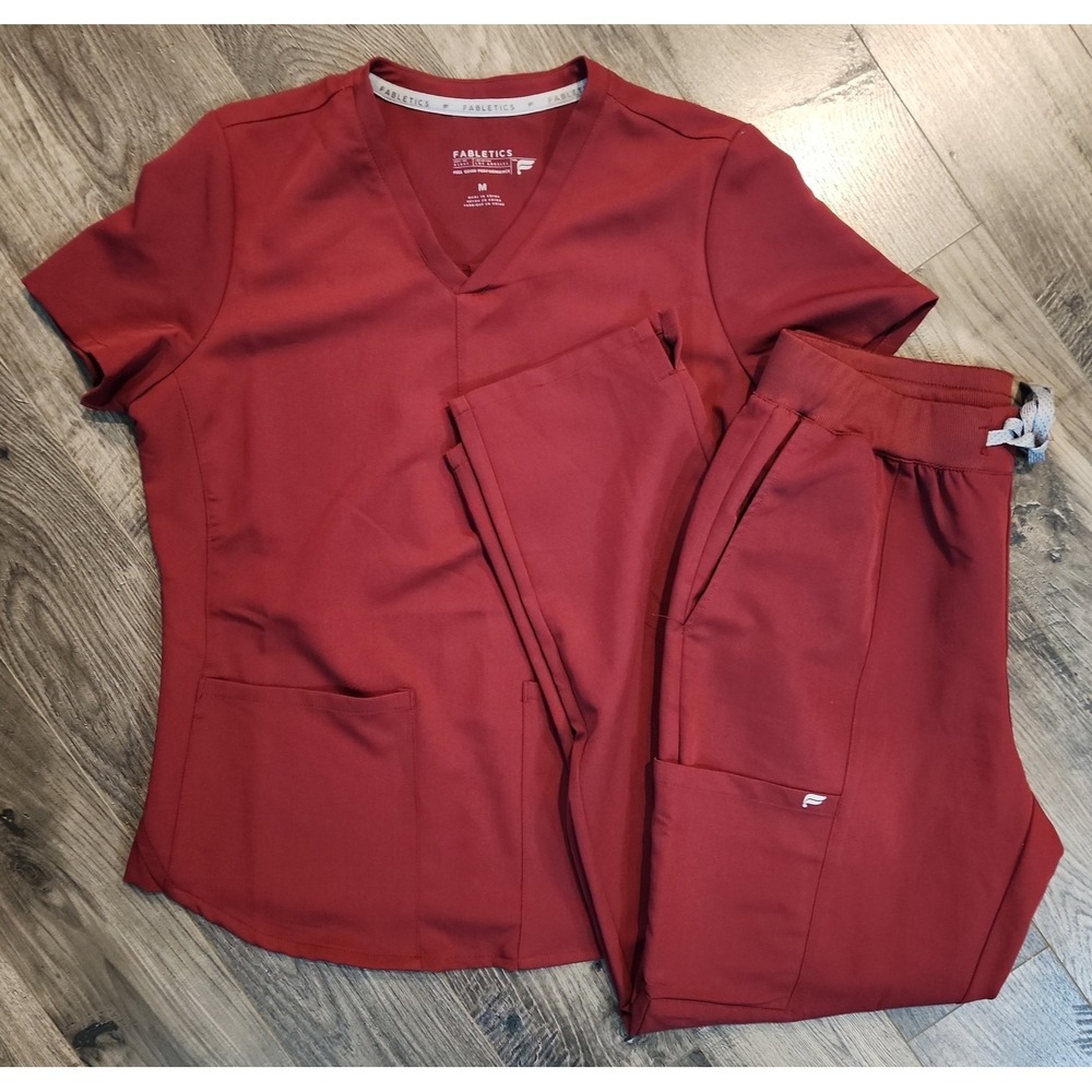 Fabletics Women's Burgundy Red Solid Scrub Set V-Neck Top Medium & Pants Size L